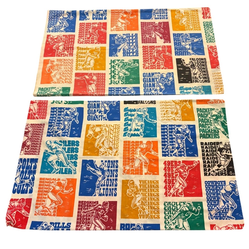 Vintage Sears NFL Football Pillowcase Pair 42x36 All Teams Made USA 1970s